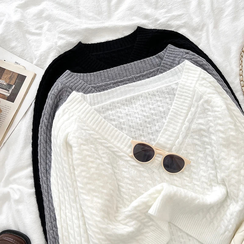 2026 New Autumn Winter Women V-neck Long Sleeve Knitted Sweaters Twist Striped Loose Solid Color Short Pullover Tops