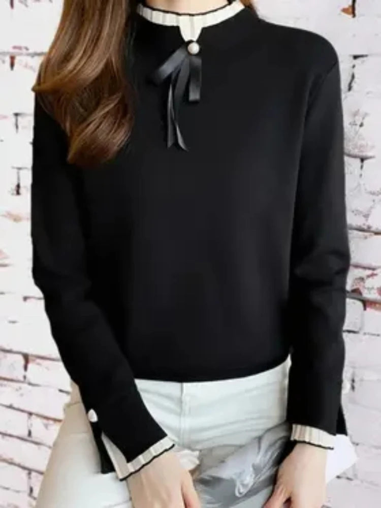 Autumn Winter Sweater Sweet Bow Knitwears Long Sleeve Slim Pullovers Women Solid Knitted Sweater Korean Casual Base Layer Y2k