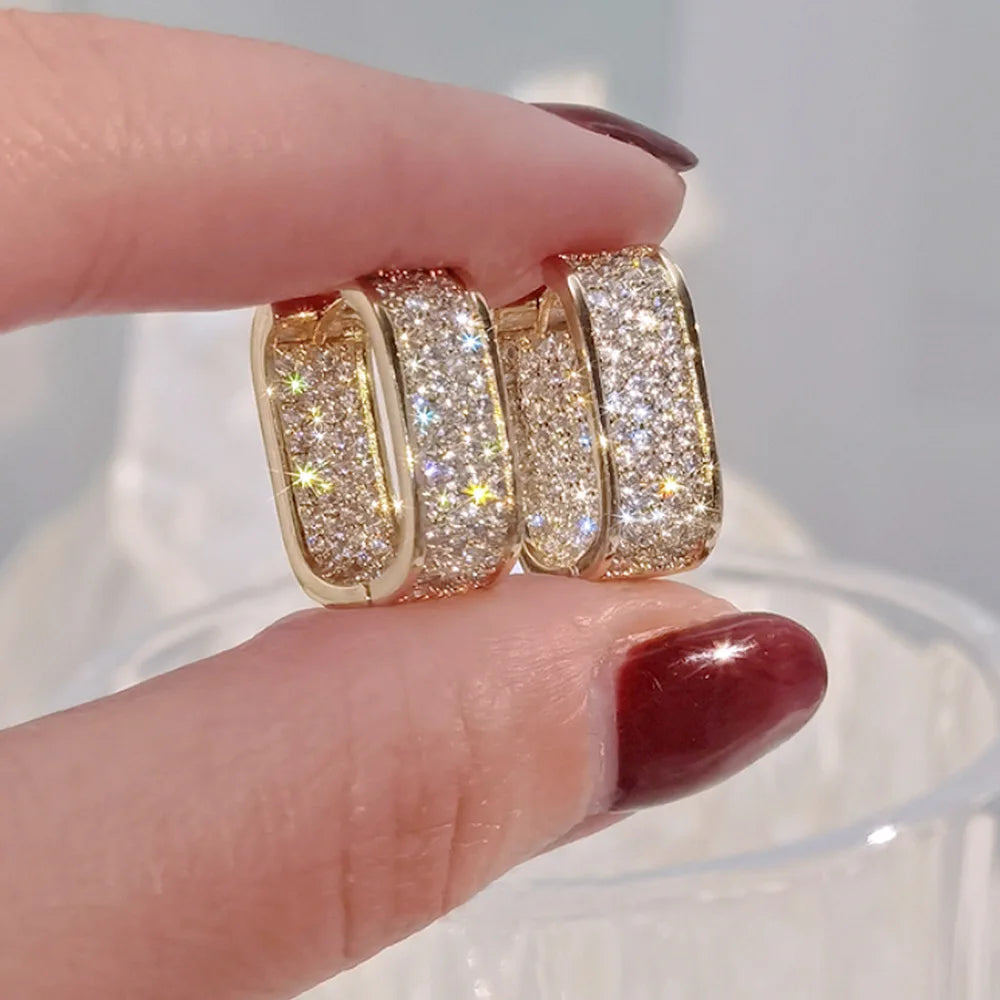 Luxury Full of Zircon Shiny Geometric Square Hoop Earrings for Women Temperament Gold Color Stainless Steel Korea Jewelry Gift Streetsharks