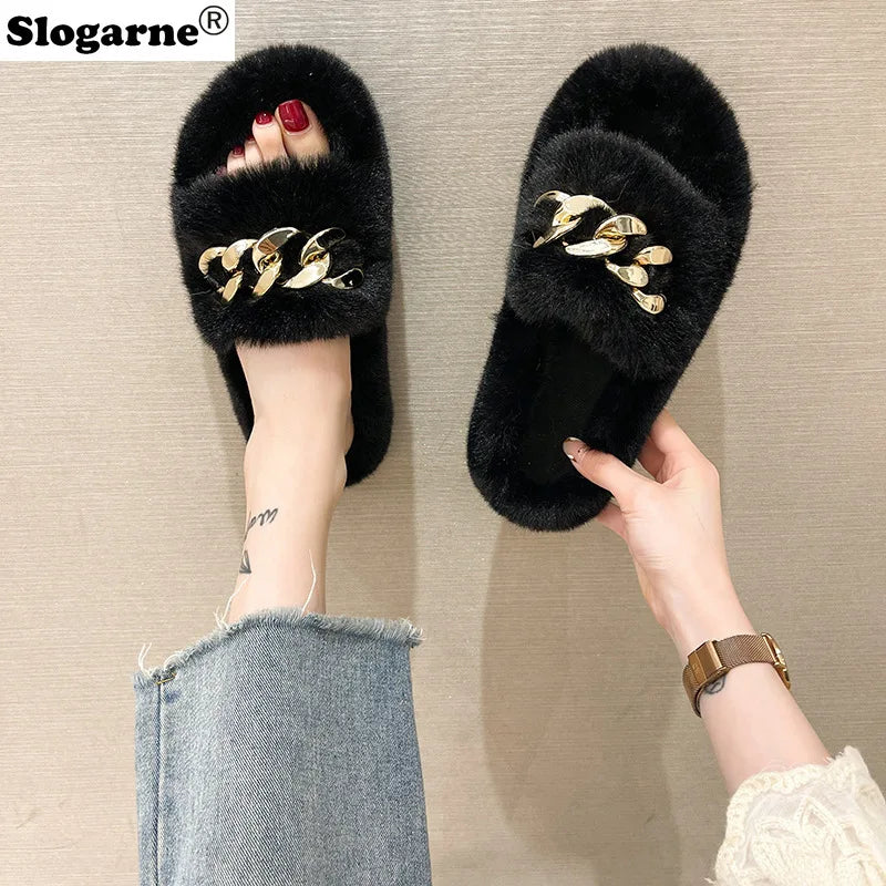 Fashion Faux Fox Fur Slippers Women Spring Autumn Fluffy Slides Ladies Peep Toe Fur Shoes Flat Large Size Furry Soft House Shoes luxecrown.co.uk