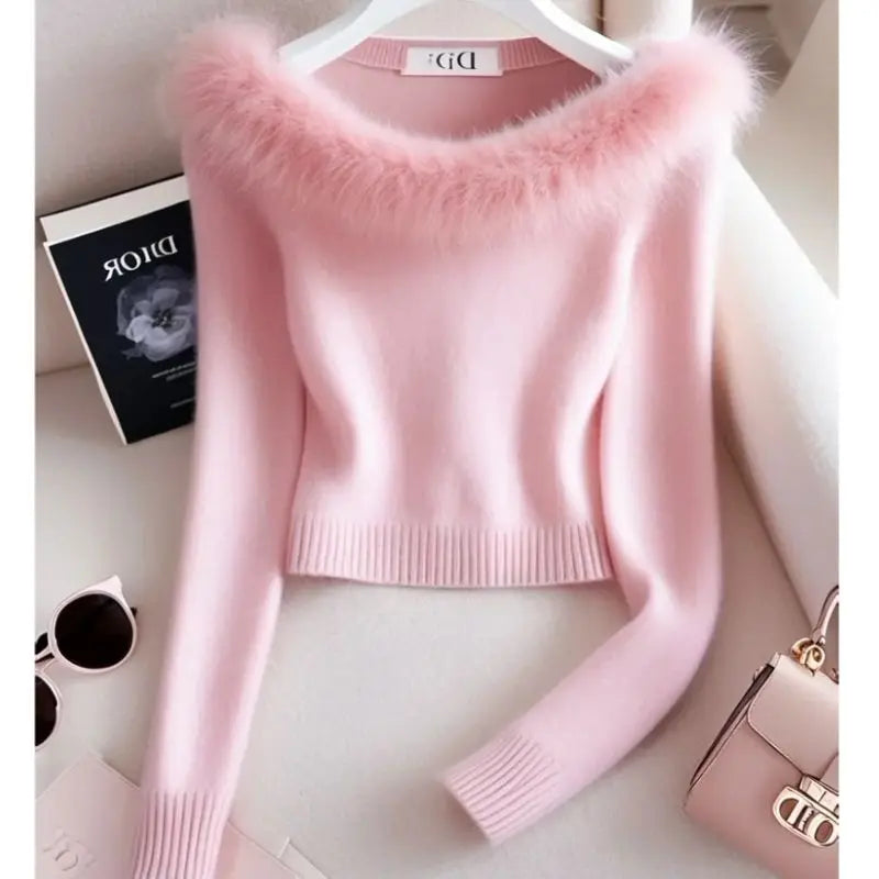 2026 New Autumn Winter Women Long Fur Collar Sleeve Knitted Sweaters Elastic Slim Solid Multi Color Short Pullover Tops