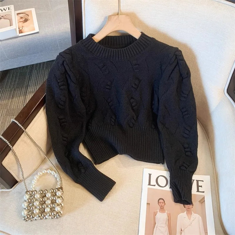 2026 New Autumn Winter Women O-neck Long Sleeve Knitted Sweaters Hollow Out Knitwear Crochet Solid Color Short Pullover Tops