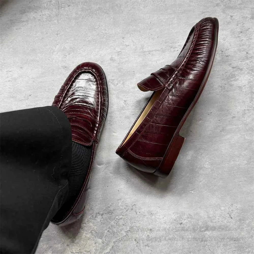 Retro Loafers for Men Lazy Eel Casual Leather Shoes Pleated Single Shoes Dark Browm Slip On Elegant Slip On Bean Shoes luxecrown.co.uk