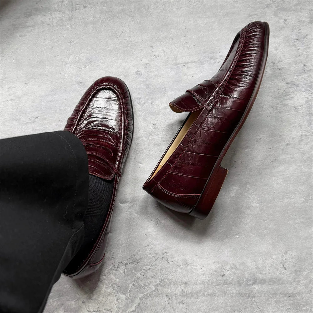 Retro Loafers for Men Lazy Eel Casual Leather Shoes Pleated Single Shoes Dark Browm Slip On Elegant Slip On Bean Shoes luxecrown.co.uk