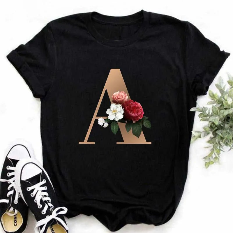 A B C D E English Alphabet Print T Shirt Women New Summer Couples Lovers Female T-Shirt Harajuku Casual Black Tops Tshirts luxecrown.co.uk