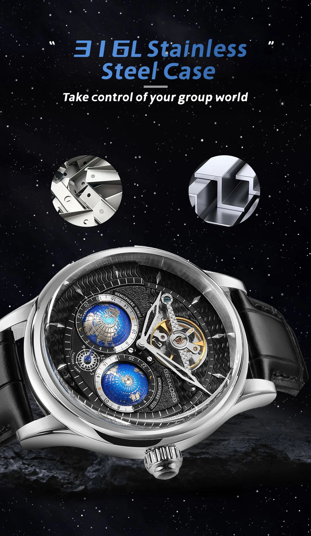 SEAKOSS Male Dual Earth Rotating Mechanical Men's Watch Automatic Movement Waterproof Clock Pilots 1963 Flywheel Wristwatches