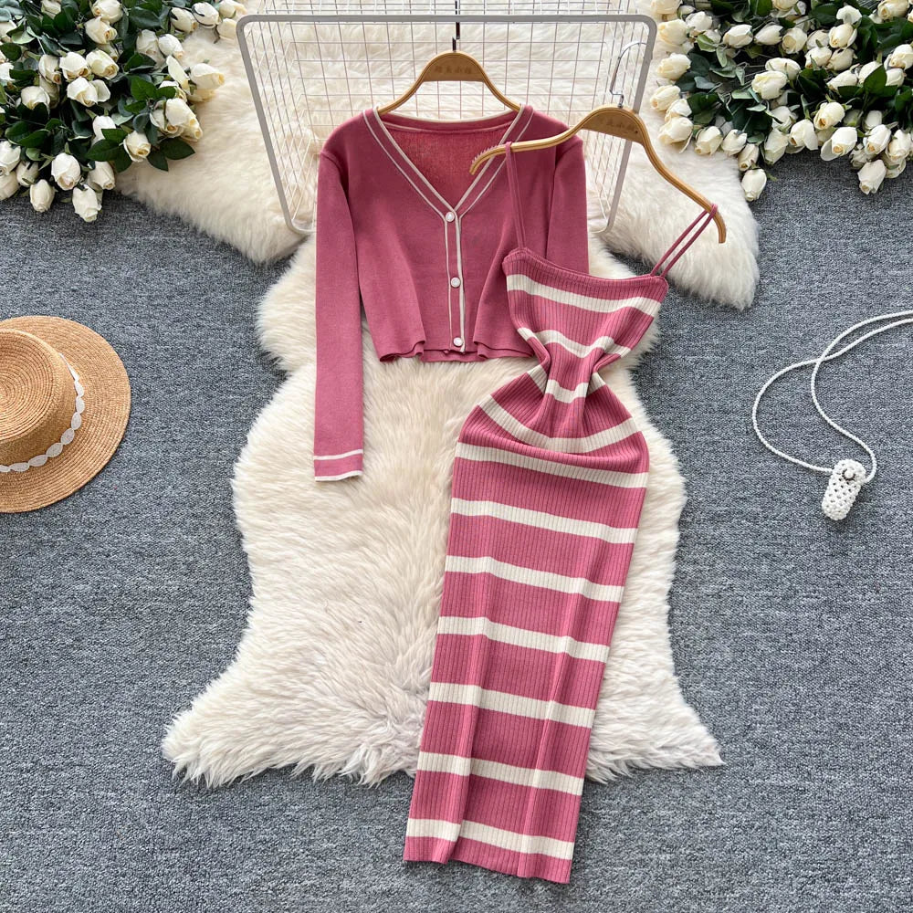 New Fashion Autumn Knitted Suits Long Sleeve V Neck Buttons Top+Stripe Strap Bodycon Dress Elegant OL Women Two Piece Sets