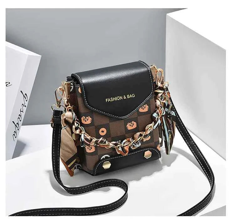 Wear-resistant PU leather mini single-shoulder bag for women, flip cover cartoon square graffiti crossbody bag