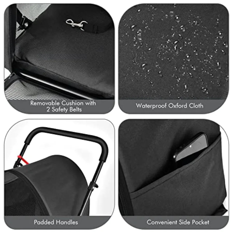 Pet stroller for travel and strolling; polyester fabric; black; double detachable carrier bags, safety belt, 4 lockable wheels, luxecrown.co.uk