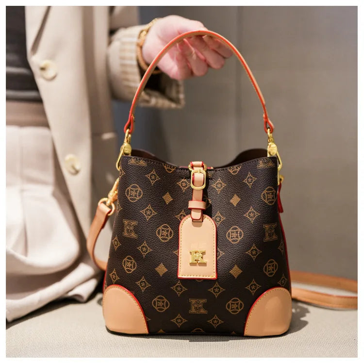 High-End Large Capacity Bucket Bag Women's Fashion Luxury Retro Floral Print Single Shoulder Bag Vintage Style PU Material luxecrown.co.uk