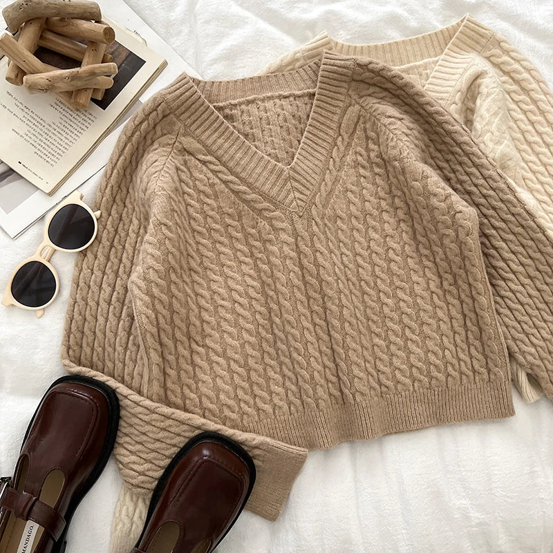 2026 New Autumn Winter Women V-neck Long Sleeve Knitted Sweaters Twist Striped Loose Solid Color Short Pullover Tops