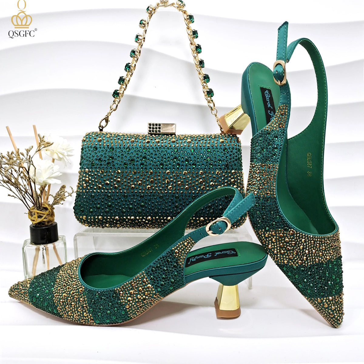 2026 Nigerian Women Heel Ladies Italian Luxury Design Green Shoes And Bag Set Decorated with Rhinestone Handbag Wedding Party luxecrown.co.uk