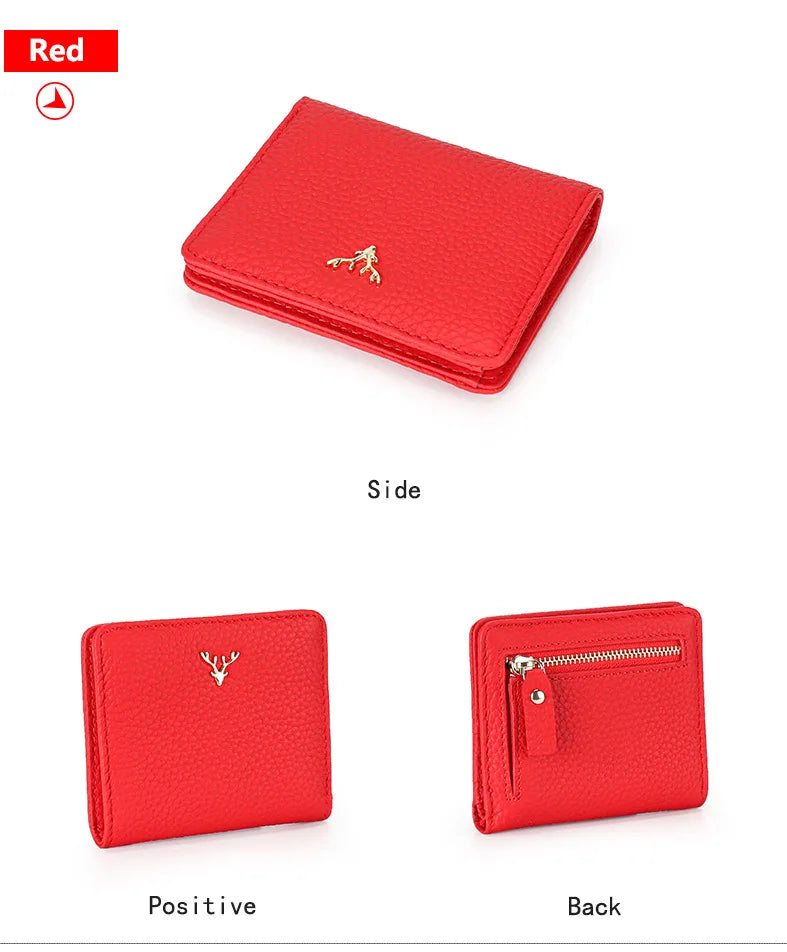 Cowhide Women's Purses Short Thin Small Wallet Chic Christmas Deer Button Ladies Genuine Leather Card Holder Wallet Coin Purse luxecrown.co.uk