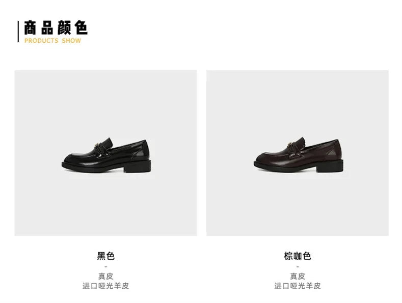 Spring New Women's Genuine Leather Shoes British Style Black Casual Shoes Banquet Office Wear Stylish Metal Design Loafers luxecrown.co.uk