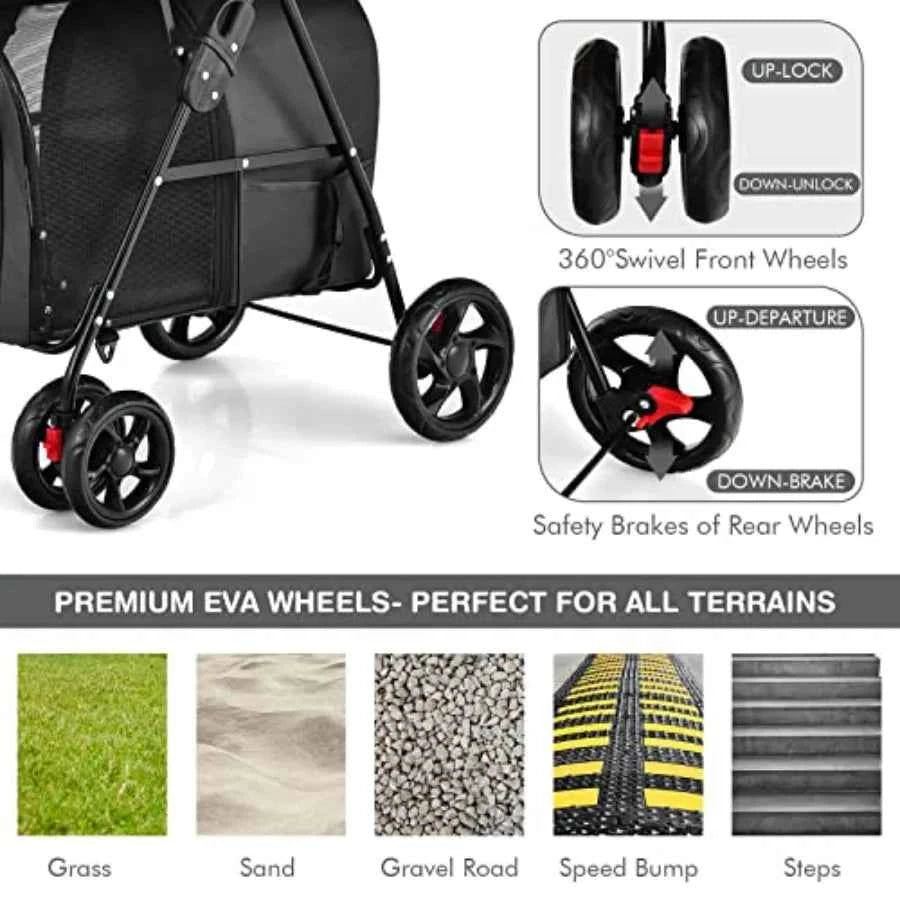 Pet stroller for travel and strolling; polyester fabric; black; double detachable carrier bags, safety belt, 4 lockable wheels,