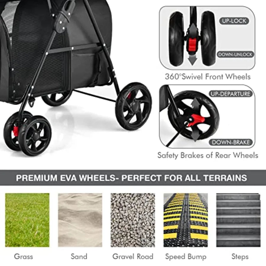 Pet stroller for travel and strolling; polyester fabric; black; double detachable carrier bags, safety belt, 4 lockable wheels, luxecrown.co.uk