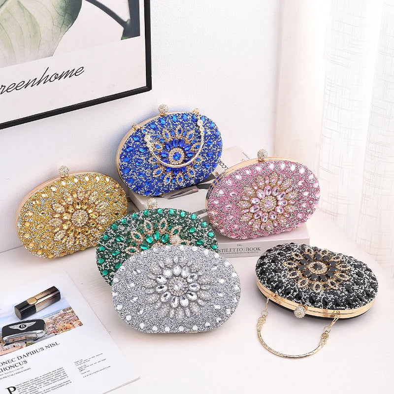Gold Round Bag Luxury Brand Rhinestone Clutch Bags for Women 2024 Crystals Party Purses Diamond Designer Crossbody Handbags Streetsharks