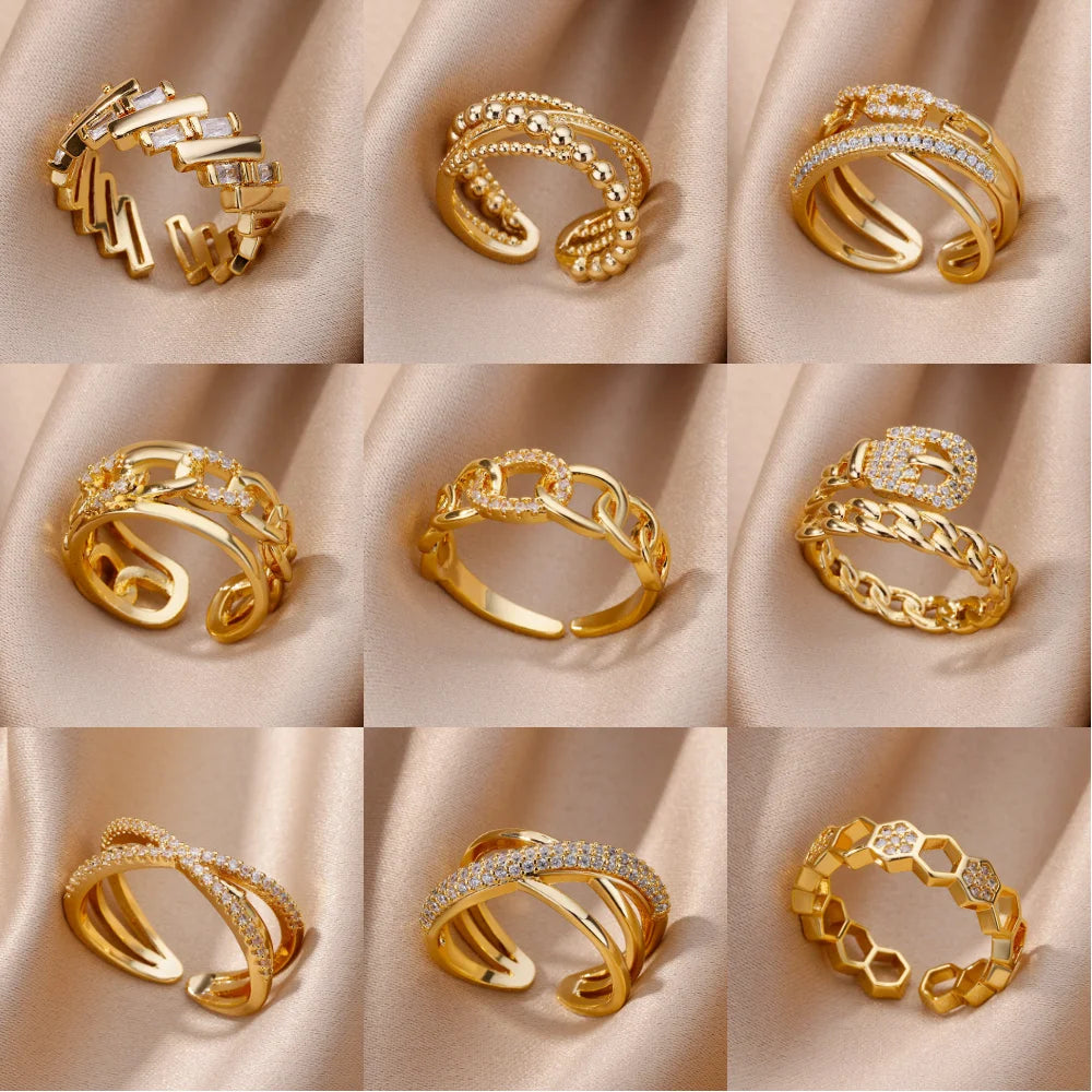 Fashion Gold Color Stainless Steel Rings For Women Chain Hollow Out Crystal Zircon Finger Ring Jewelry 2023 Gift anillos mujer Streetsharks