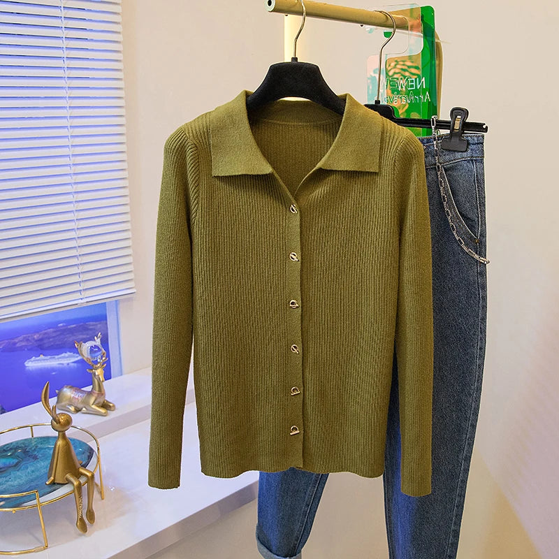 2026 Korean Style Fashion Autumn Winter Turn Down Collar Cardigan Knitted Sweater Casual Loose Long Sleeved Base Sweater Women