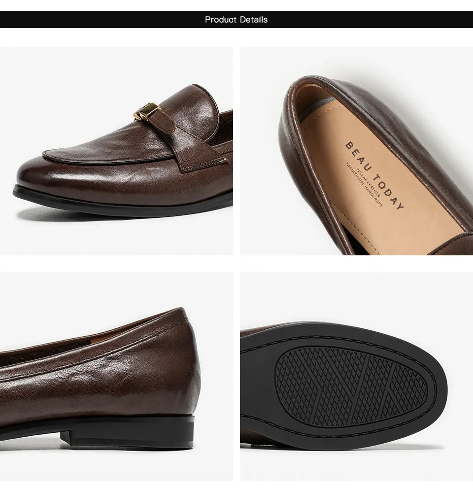 BEAUTODAY Loafers Women Cow Leather Waxing Round Toe Metal Buckle Strap Slip-on Flats Business Suit Ladies Shoes Handmade 26267 luxecrown.co.uk