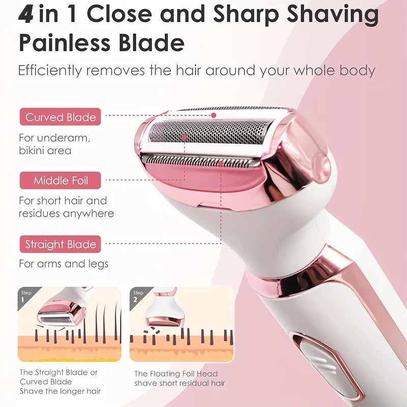 4 in 1 Electric Razor for Women Shaver Lady Shaver Body Hair Trimmer for Armpit Bikini Arm Leg Face Mustache Portable Painless