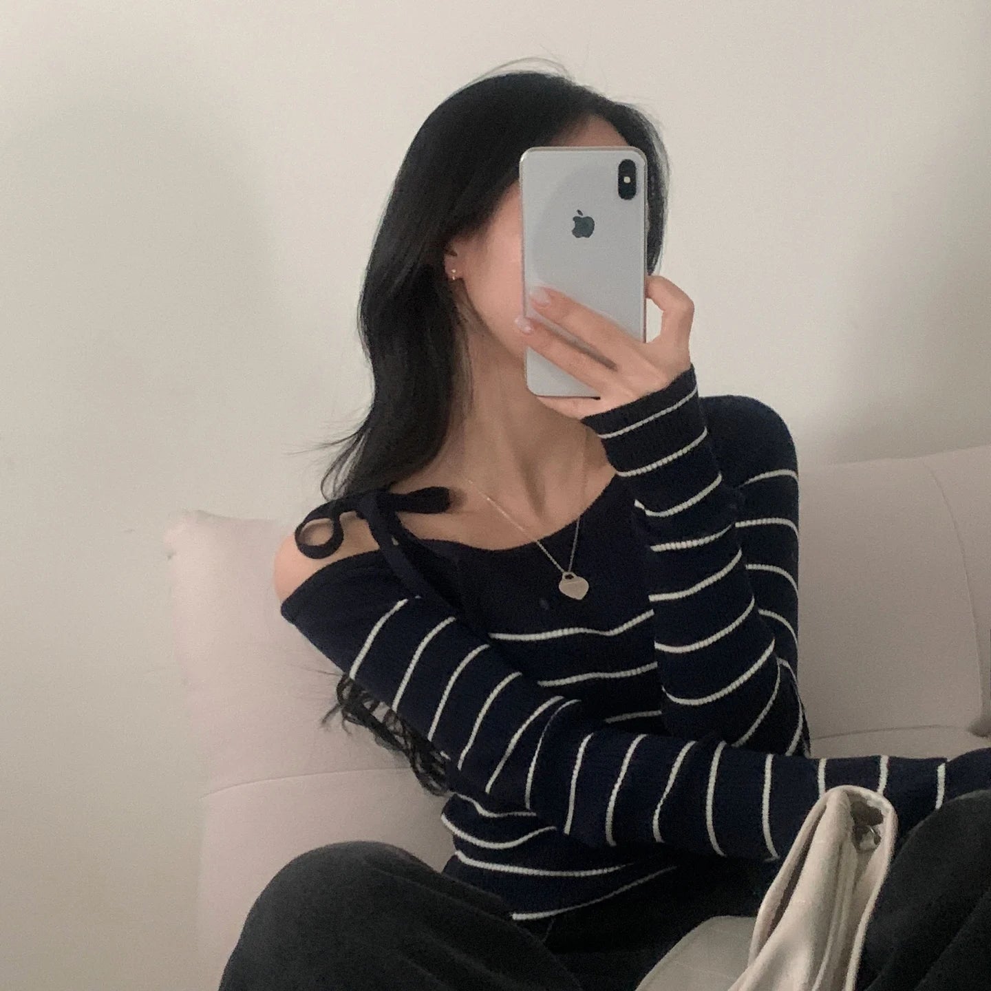 2026 New Women's Elegant Off-Shoulder Sweater T-Shirt Black White Striped with Adjustable Lace-Up Fall Winter Casual Chic Top