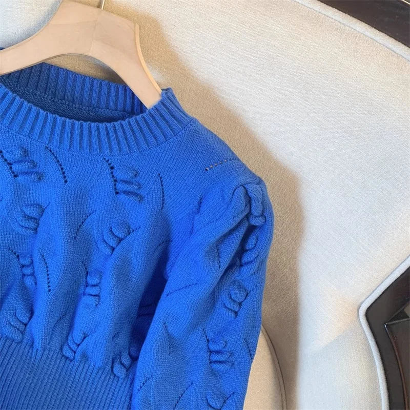 2026 New Autumn Winter Women O-neck Long Sleeve Knitted Sweaters Hollow Out Knitwear Crochet Solid Color Short Pullover Tops