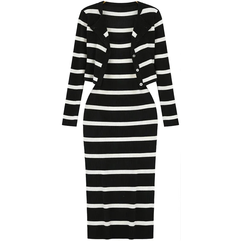 Women's 2-Piece Knit Outfit Long Sleeve Cardigan+Striped Dress Set Black White Bodycon Casual Office Party Matching Dress Set