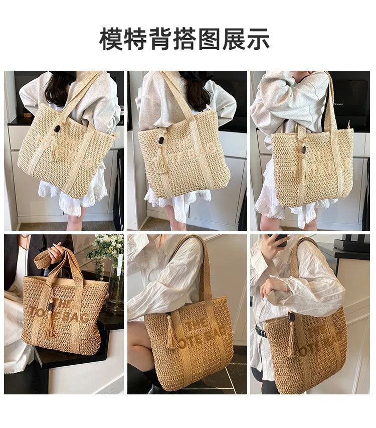 French Style Large Capacity Woven Straw Woven Bag for Women New Beach Vacation Shoulder Bag Casual Commuting Tote Bag Purse luxecrown.co.uk