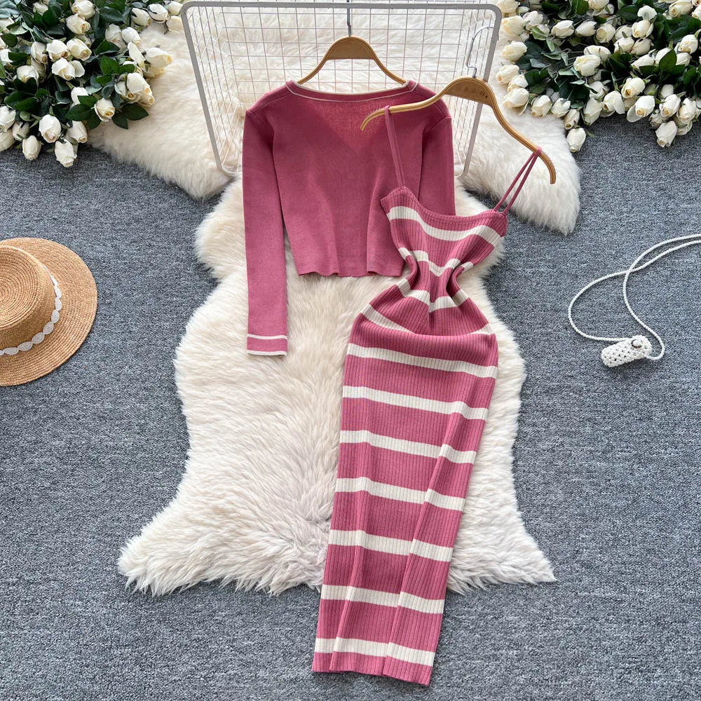New Fashion Autumn Knitted Suits Long Sleeve V Neck Buttons Top+Stripe Strap Bodycon Dress Elegant OL Women Two Piece Sets