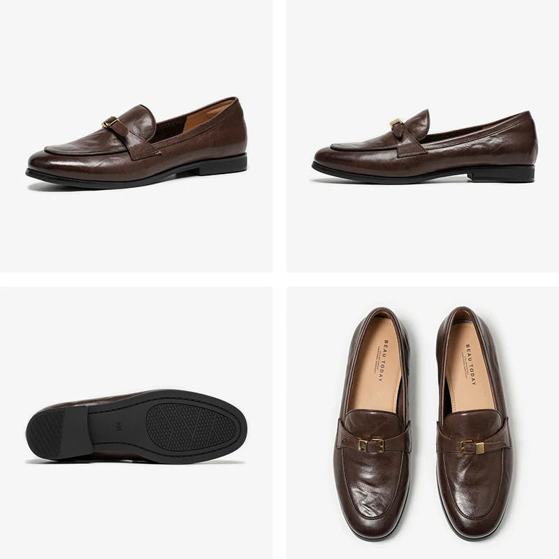 BEAUTODAY Loafers Women Cow Leather Waxing Round Toe Metal Buckle Strap Slip-on Flats Business Suit Ladies Shoes Handmade 26267 luxecrown.co.uk