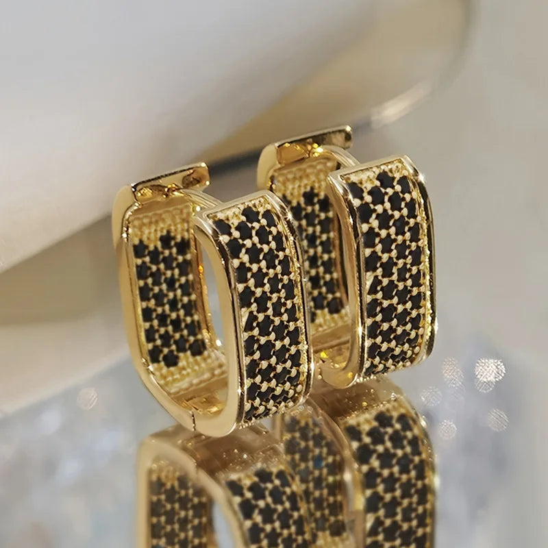 Luxury Full of Zircon Shiny Geometric Square Hoop Earrings for Women Temperament Gold Color Stainless Steel Korea Jewelry Gift Streetsharks
