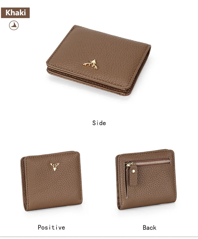 Cowhide Women's Purses Short Thin Small Wallet Chic Christmas Deer Button Ladies Genuine Leather Card Holder Wallet Coin Purse luxecrown.co.uk