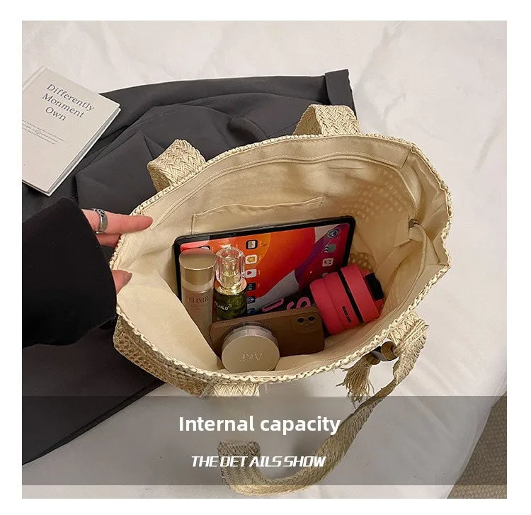 French Style Large Capacity Woven Straw Woven Bag for Women New Beach Vacation Shoulder Bag Casual Commuting Tote Bag Purse luxecrown.co.uk