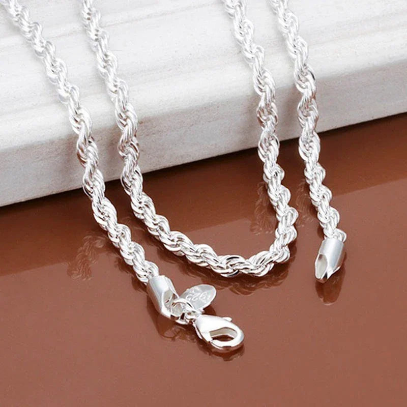 High Quality Silver Color 2MM Women Girls Men Chain Male Twisted Rope Necklace Bracelets Fashion Silver Jewelry Set Streetsharks
