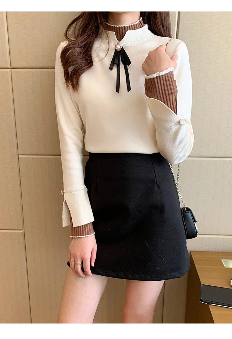 Autumn Winter Sweater Sweet Bow Knitwears Long Sleeve Slim Pullovers Women Solid Knitted Sweater Korean Casual Base Layer Y2k