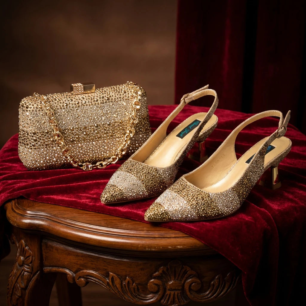 2026 Nigerian Women Heel Ladies Italian Luxury Design Green Shoes And Bag Set Decorated with Rhinestone Handbag Wedding Party luxecrown.co.uk