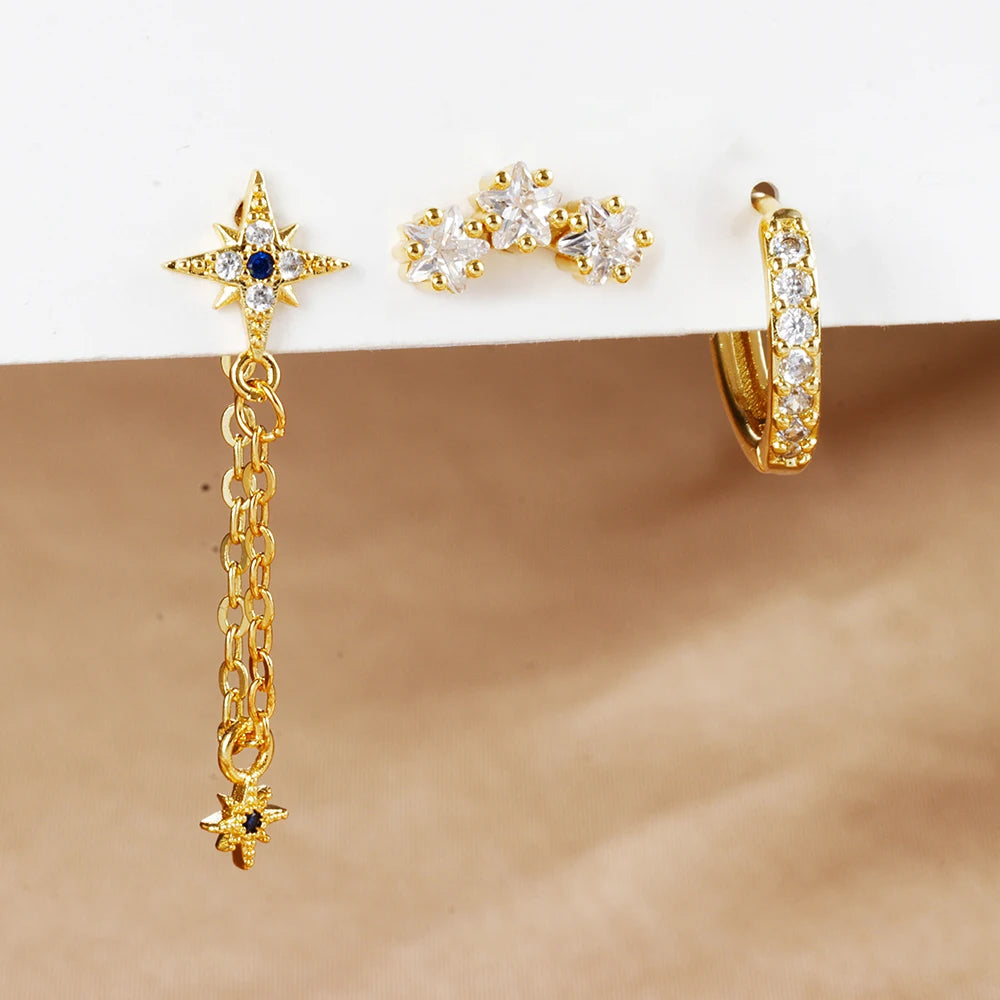 3PCS Luxury Star Pendant Piercing Earrings Set For Women Stainless Steel Zircon Punk Ear Studs Earring Lady Jewelry aretes Streetsharks