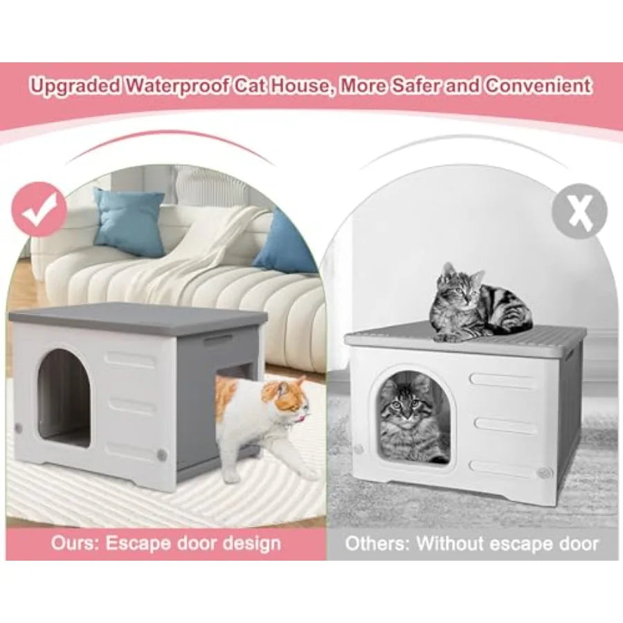 Plastic Cat House Outdoor and Indoor, Waterproof Feral Cat Houses with Escape Door, Sturdy Outdoor Cat House with Bed Mat, Outs luxecrown.co.uk
