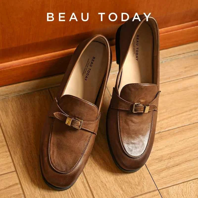 BEAUTODAY Loafers Women Cow Leather Waxing Round Toe Metal Buckle Strap Slip-on Flats Business Suit Ladies Shoes Handmade 26267 luxecrown.co.uk