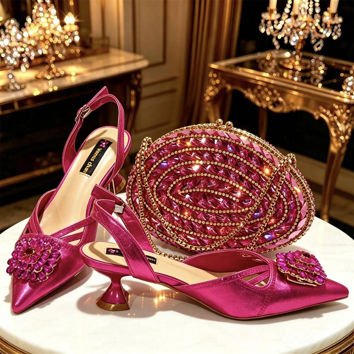 2026 Italian Peach Gold Rhinestone HAND CRAFTED UPPER Pointed Toe Women High Heels Shoes and Bag Set Elegant Party Shoes luxecrown.co.uk