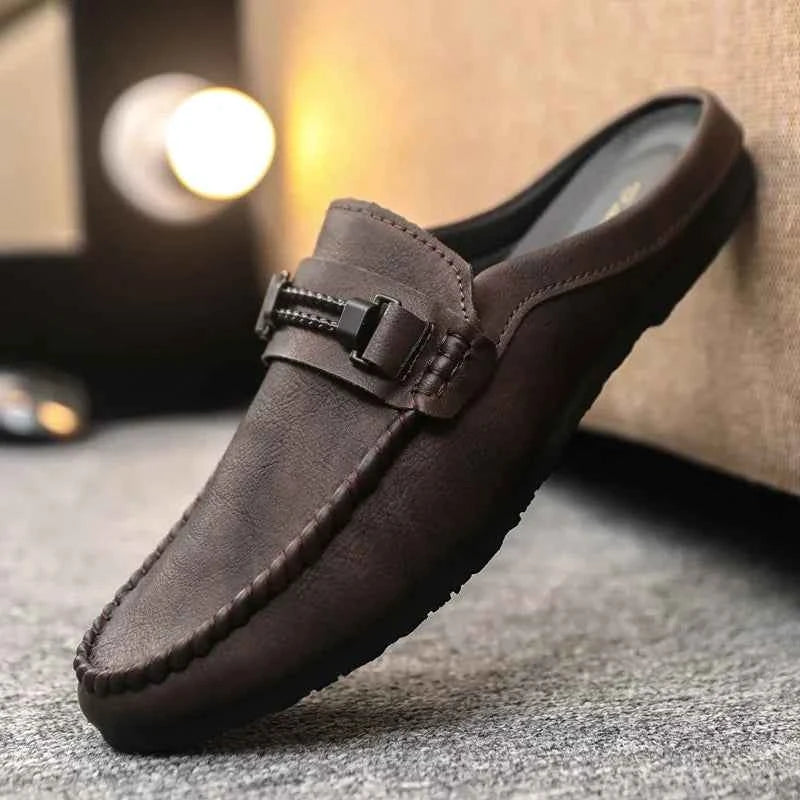 Summer Leather Men Half Slippers Breathable Mens Casual Shoes Slip-on Lazy Driving Shoes Comfortable Walking Loafers Moccasins luxecrown.co.uk