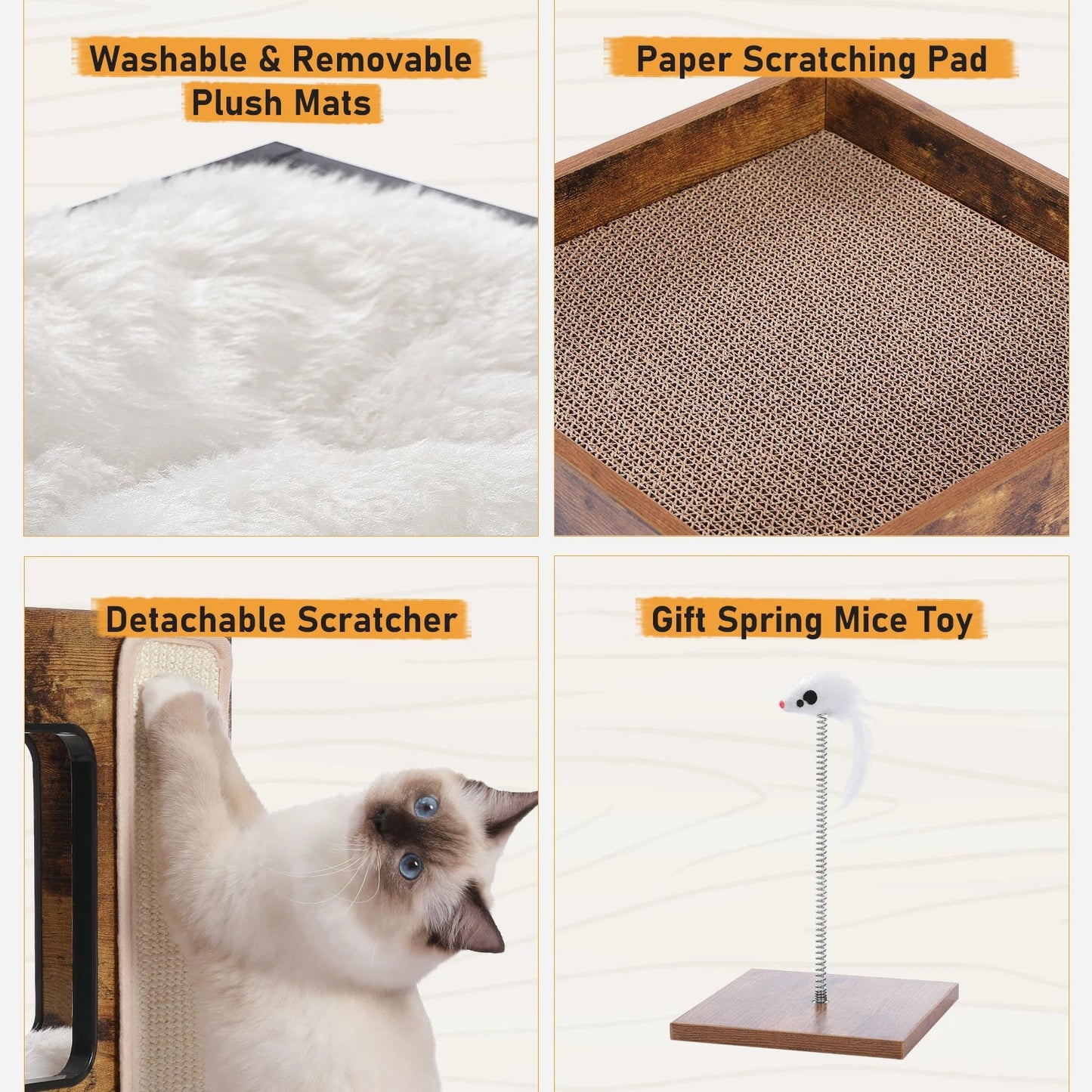 Wood Cat Condo House Bed with Removable Soft Mats Modern Cat Tree Tower with Scratching Pad Cat Scratcher Furniture Kitten Toys luxecrown.co.uk