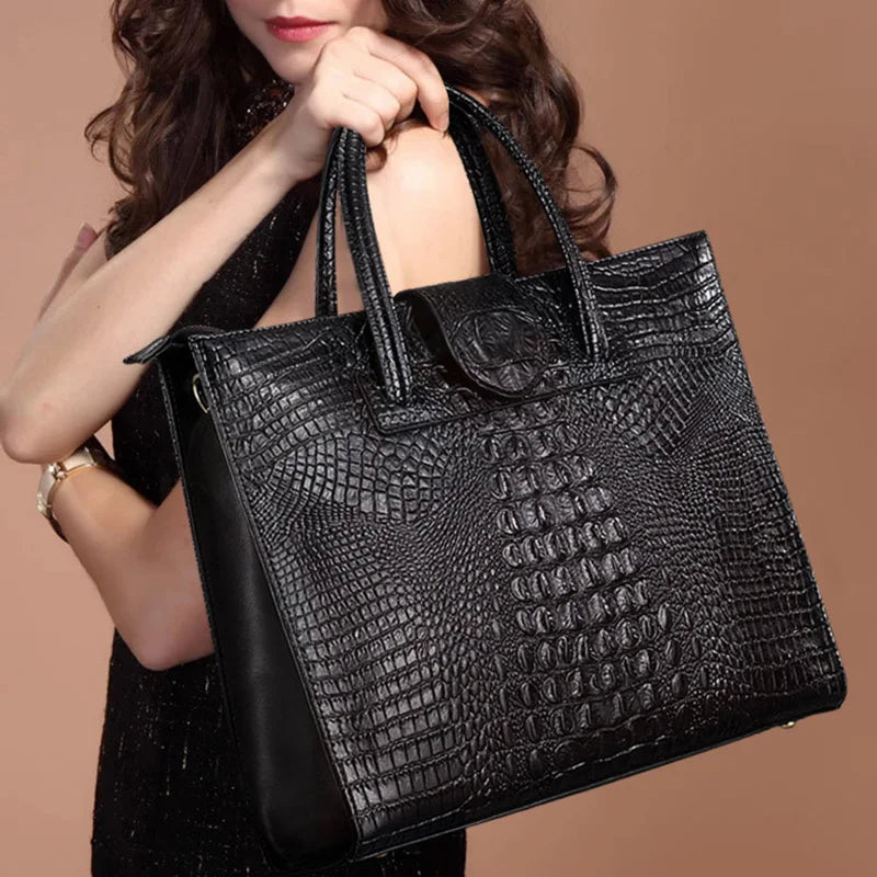 New Fashion Luxury Crocodile Pattern Women's Real Leather OL Handbags Genuine Leather Ladies Shoulder Bag Business Computer Bags luxecrown.co.uk