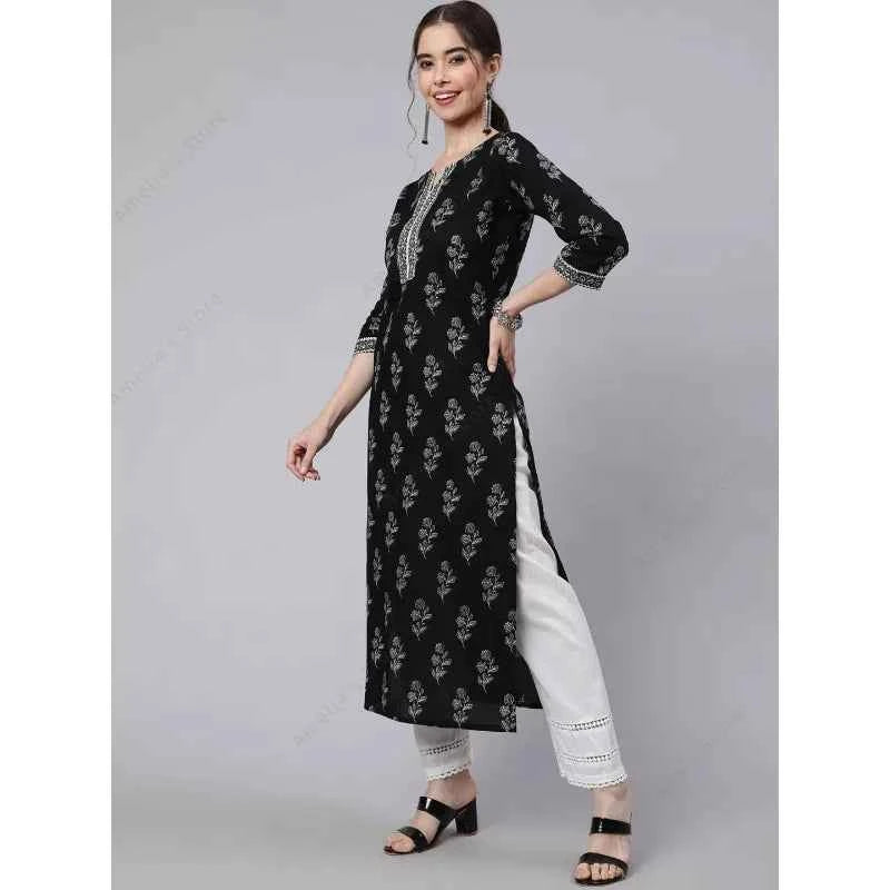 Indian Ethnic Kurta for Women Black Cotton Floral Print Tunic Top 3/4 Sleeve Round Neck Casual Mid-Length Kurti India Dress