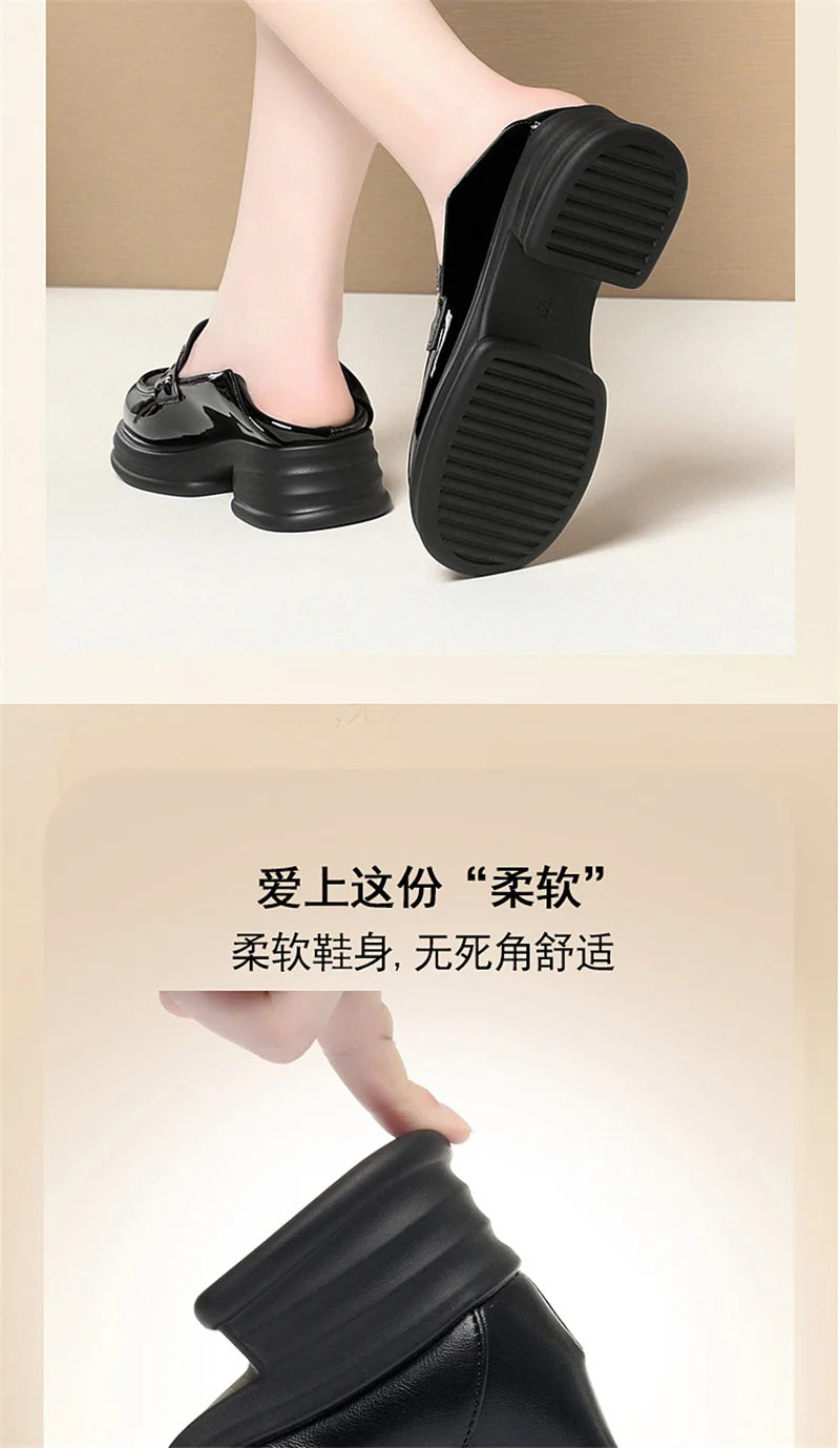Thick-Soled Loafers Women's Spring And Autumn New British Style Retro Sponge Cake Leather Shoes Thick Heel Black Single Shoes luxecrown.co.uk
