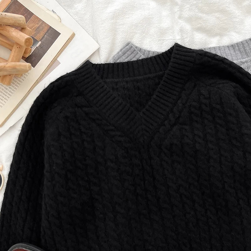 2026 New Autumn Winter Women V-neck Long Sleeve Knitted Sweaters Twist Striped Loose Solid Color Short Pullover Tops
