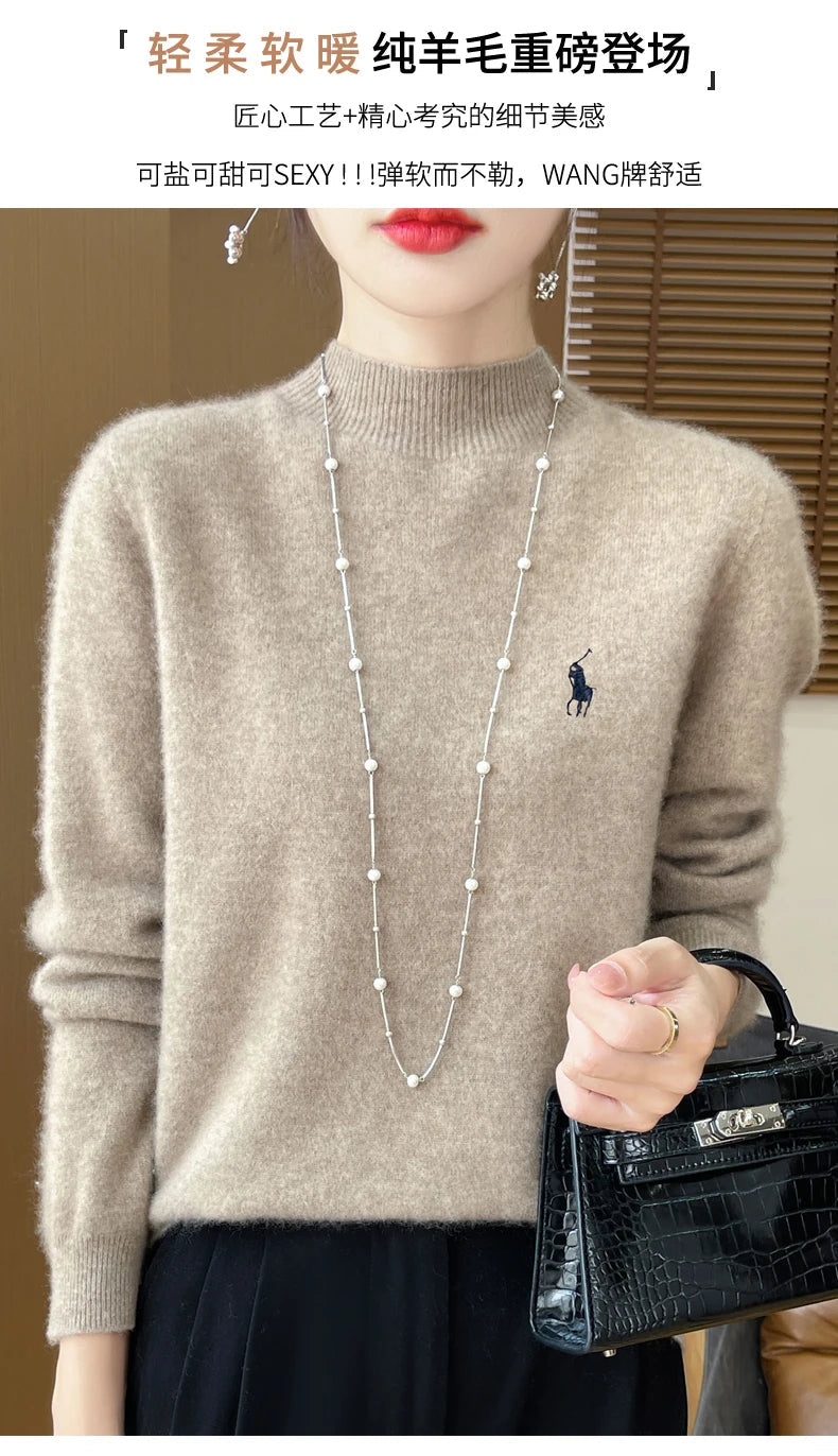 2024 Autumn/Winter Women's New Cashmere Hoodie Fashionable Embroidered Half High Neck Soft Cashmere Explosive100% Australianwool Streetsharks