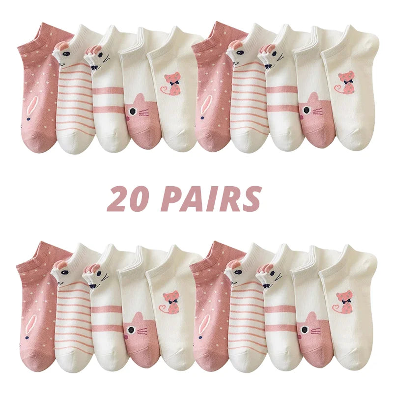 5/10/20 Pairs Women's Short Tube Socks Pink Cat Thin Four Seasons Cute Boat Sockslow Top Ins Trendy Socks