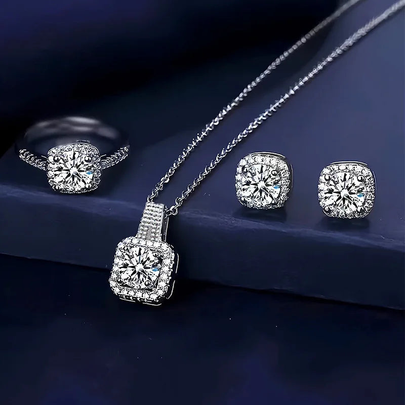 3pcs Set Luxury Brand Shiny Geometric Square Zircon Necklace Earring Rings for Women Charm Fashion Jewelry Set Anniversary Gift Streetsharks